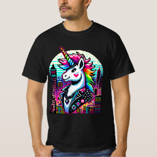Cyberpunk Unicorn Neon Pixel Art Cityscape Design T-shirt