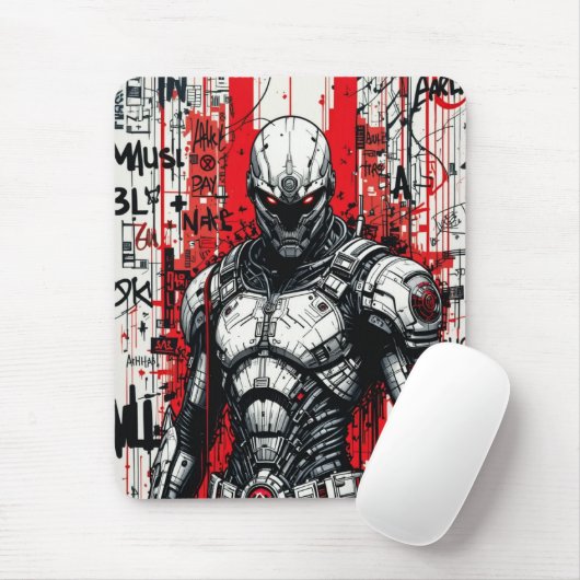 Cyberpunk Warrior Graffiti Mousepad – Rood, Zwart Muismat (Met muis)