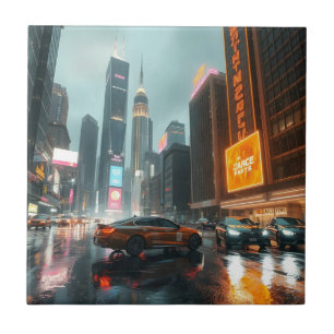 Cyberpunk wolkenkrabber stadsauto's tegeltje
