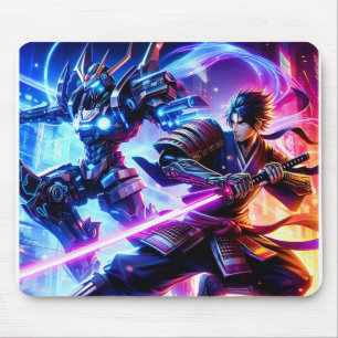 CyberSamurai vs. Mech Warrior-Neon Battle Mousepad Muismat