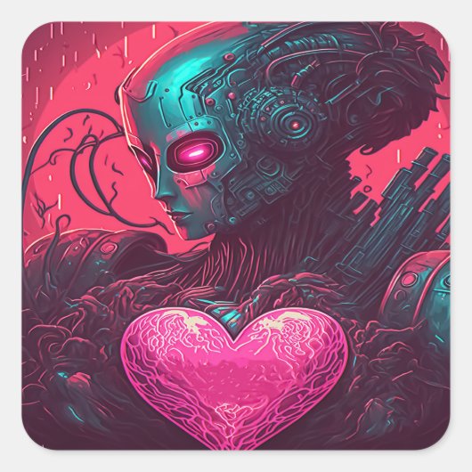 "CyberValentijn" Ontwerp van Cybernetische vrouw Vierkante Sticker (Voorkant)