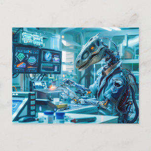 Cyborg-dinosaurus op een hightech werkstation feestdagenkaart