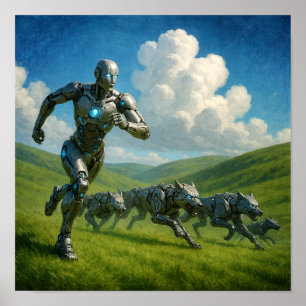 Cyborg en robotische wolven rennen poster
