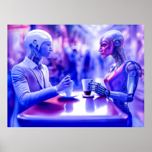 Cyborgs paar eet drinken bij straatkoffie (AI) Poster