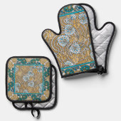 cyclamen blue art nouveau bloem behang ovenwant & pannenlap set (Voorkant / Achterkant)