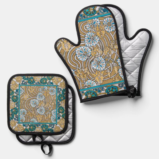 cyclamen blue art nouveau bloem behang ovenwant & pannenlap set (Voorkant / Achterkant)