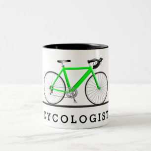 Cycologist tekst met groene fiets tweekleurige koffiemok