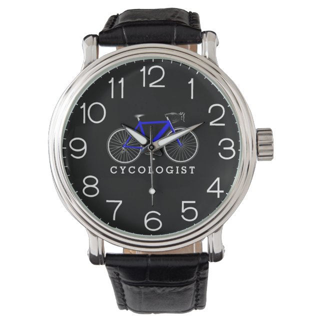 Cycoloog Blue Bicycle op zwart Horloge (Voorkant)