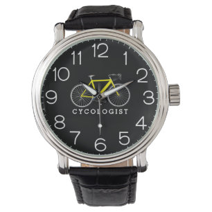 Cycoloog gele fiets op zwart horloge
