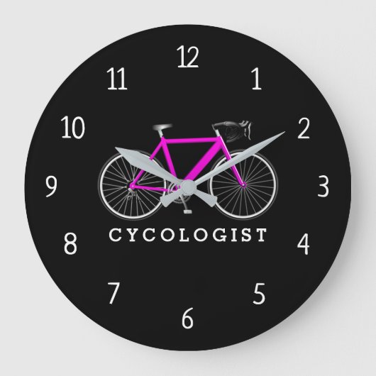Cycoloog roze fiets op zwart grote klok (Voorkant)