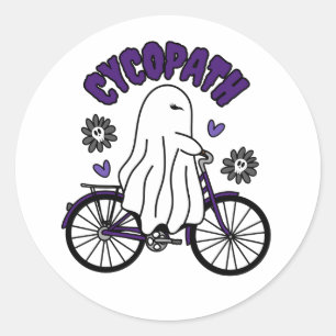 Cycopath Halloween Ghost op Paarse Fiets Ronde Sticker