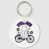 Cycopath Halloween Ghost op Paarse Fiets Sleutelhanger (Voorkant)