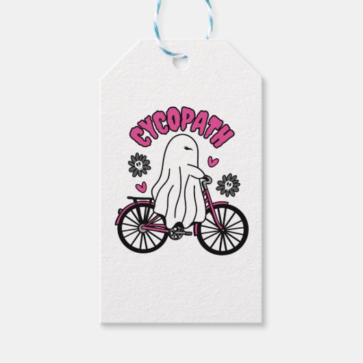Cycopath Halloween Ghost op Roze Fiets Cadeaulabel (Voorkant)