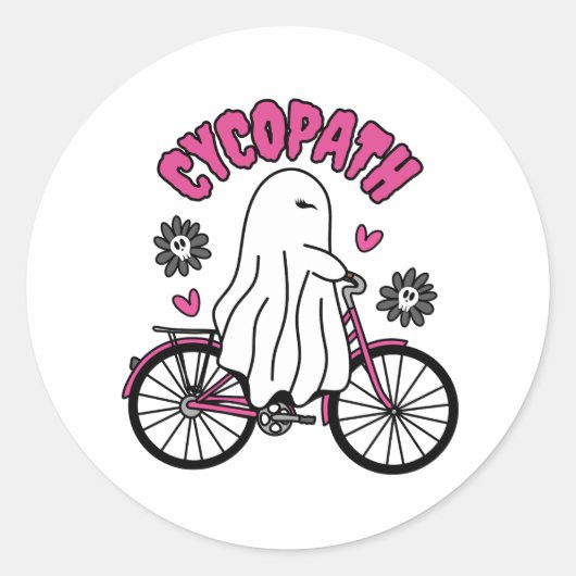 Cycopath Halloween Ghost op Roze Fiets Ronde Sticker (Voorkant)