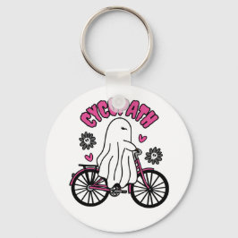 Cycopath Halloween Ghost op Roze Fiets Sleutelhanger