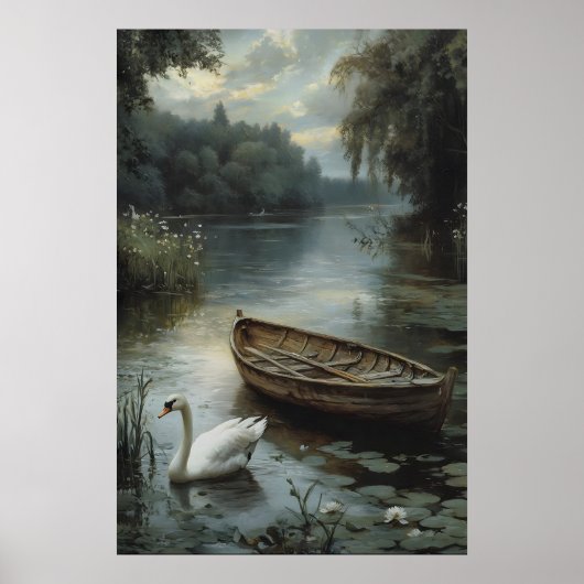 Cygne blanc et bateau - Impression d'art mural vin (Devant)