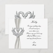 Cygnes Argent Ruban Blanc Carte Demoiselle D'Honne (Devant / Derrière)