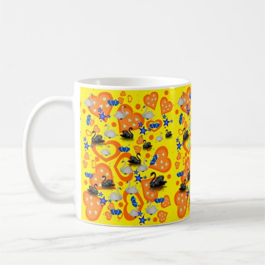 Cygnes Coeurs Orange Bleu Étoiles Mug Jaune (Gauche)