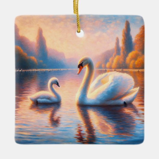 Cygnet en zwaan keramisch ornament (Voorkant)