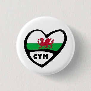 Cymru Country Code Flag Heart Pin, Wales, CYM Ronde Button 3,2 Cm