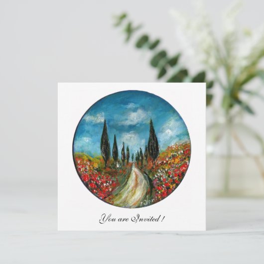 CYPERBOMEN EN POPPIËNTEN IN TUSCANY, rood blauw Kaart (Staand voorkant)