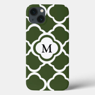 Cypress Green en White Quatrefoil Monogram iPhone 13 Hoesje