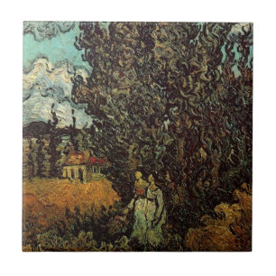 Cypresses en Two Women door Vincent van Gogh Tegeltje
