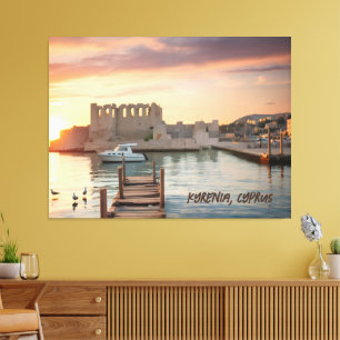 Cyprus Kyrenia Waterverf Schets met jacht Canvas Afdruk