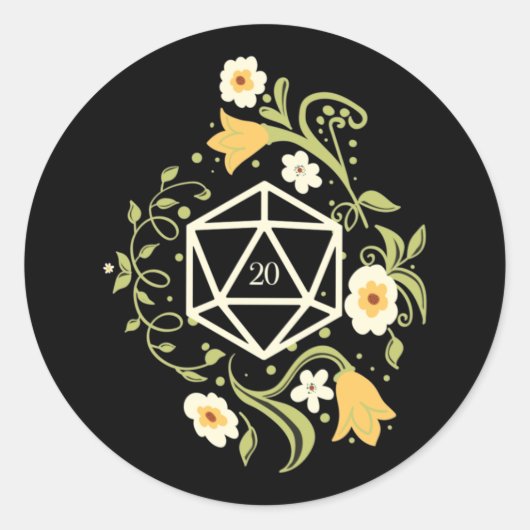 D20 Dice of Druid Flowers Tabletop RPG Ronde Sticker (Voorkant)