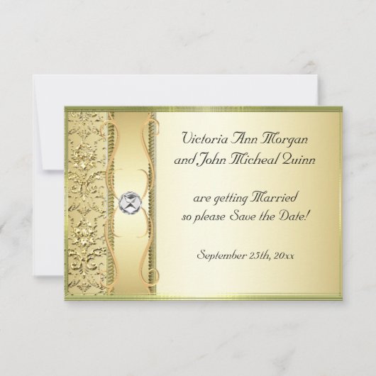 D2 Gold op Gold Damask Sla de datumkaart op Save The Date (Voorkant)