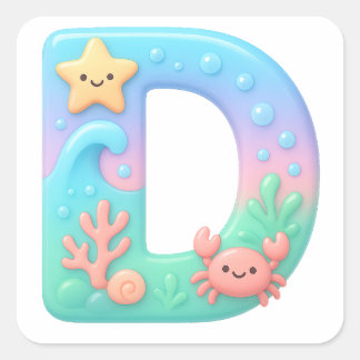 "D" Cute Bubble Letter - Underwater Sea Creature A Vierkante Sticker