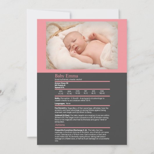 D&D bébé Faire-part de naissance rose fille (Dos)