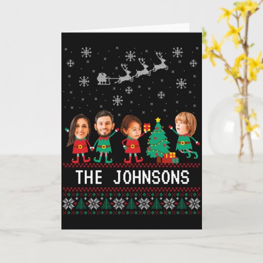 D Funny Face Photo Christmas Elf Family Kaart (Gele Bloem)