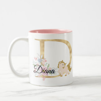 D letter gepersonaliseerde naam monogram met pony tweekleurige koffiemok