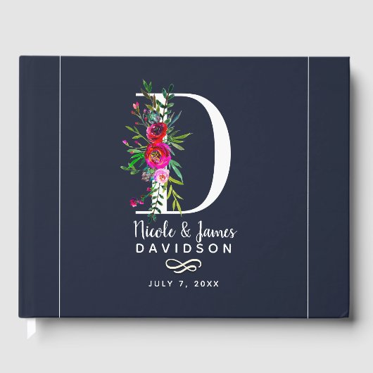 D Letter Initiaal Monogram Floral Name Wedding Gastenboek (Voorkant)