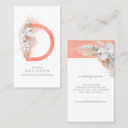 D Letter Monogram White Orchids and Pampas Grass Visitekaartje (Voorkant / Achterkant)