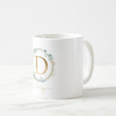 D monogram, klantspecifieke bladkrans koffiemok (Voorkant rechts)