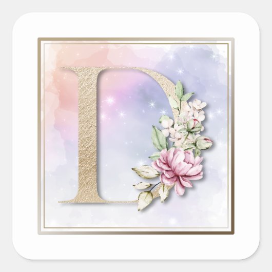 D Monogram Roze Floral Vierkante Sticker (Voorkant)
