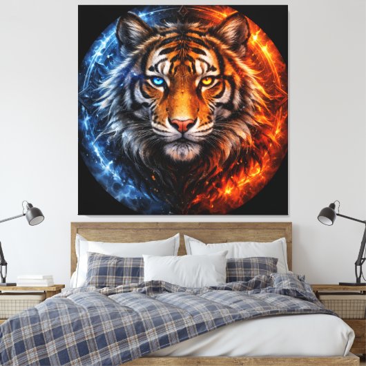 Daagwear – Duality Tiger | Fire & Ice Spirit Canvas Afdruk (Insitu (Slaapkamer))