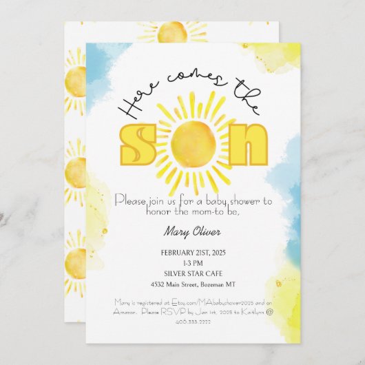 Daar komt de zoon! uitnodiging tot baby shower (Voorkant / Achterkant)