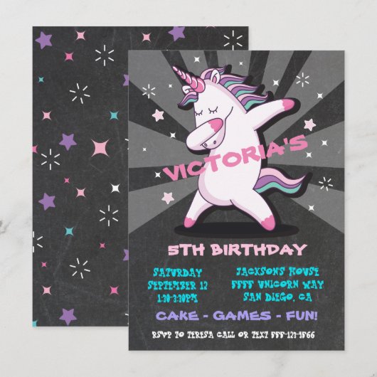 Dabbing GIRL Unicorn Anniversaire Fête Invitation (Devant / Derrière)