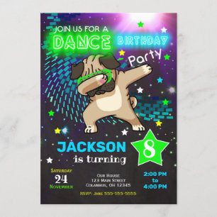 Dabbing Pug Birthday Invitation / Boy Dance Party Kaart