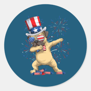 Dabbing Pug Oom Sam Pet Amerikaanse vlag 4e Ronde Sticker