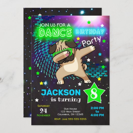 Dabbing Pug Verjaardag Uitnodiging / Boy Dance Par (Voorkant / Achterkant)