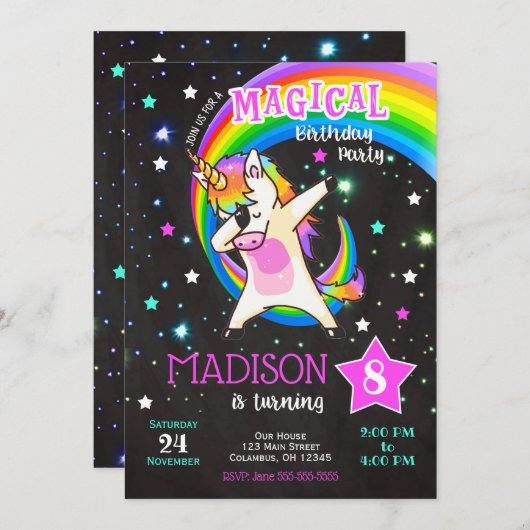Dabbing Unicorn Anniversaire Invitation (Devant / Derrière)