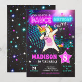 Dabbing Unicorn Birthday Invitation / Dance Party Kaart (Voorkant / Achterkant)