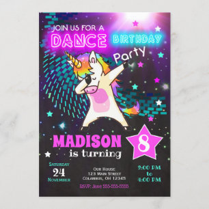 Dabbing Unicorn Birthday Invitation / Dance Party Kaart