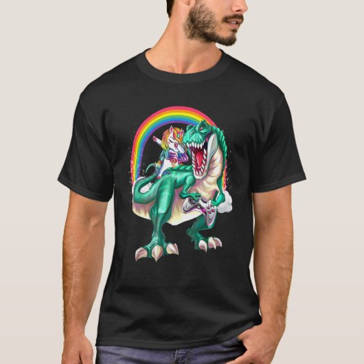 Dabbing Unicorn Dinosaur Game Controller Rainbow B T-shirt (Voorkant)