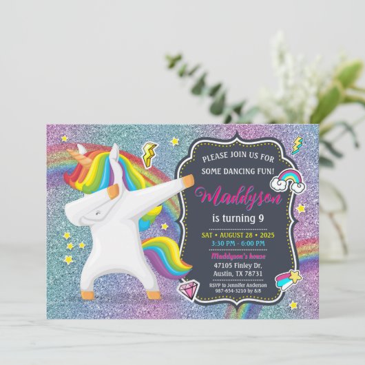 Dabbing Unicorn Uitnodiging voor Dance Party (Staand voorkant)