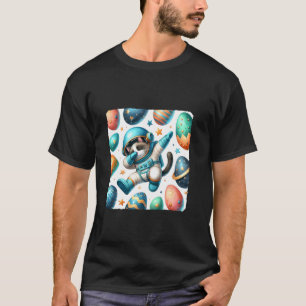 Dabende Kattenastronaut Drijvend in de Ruimte Met T-shirt
